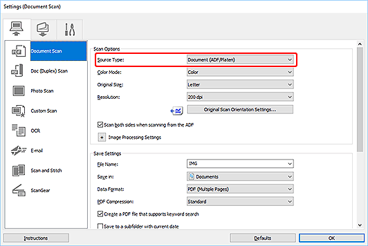 figure: Settings dialog box